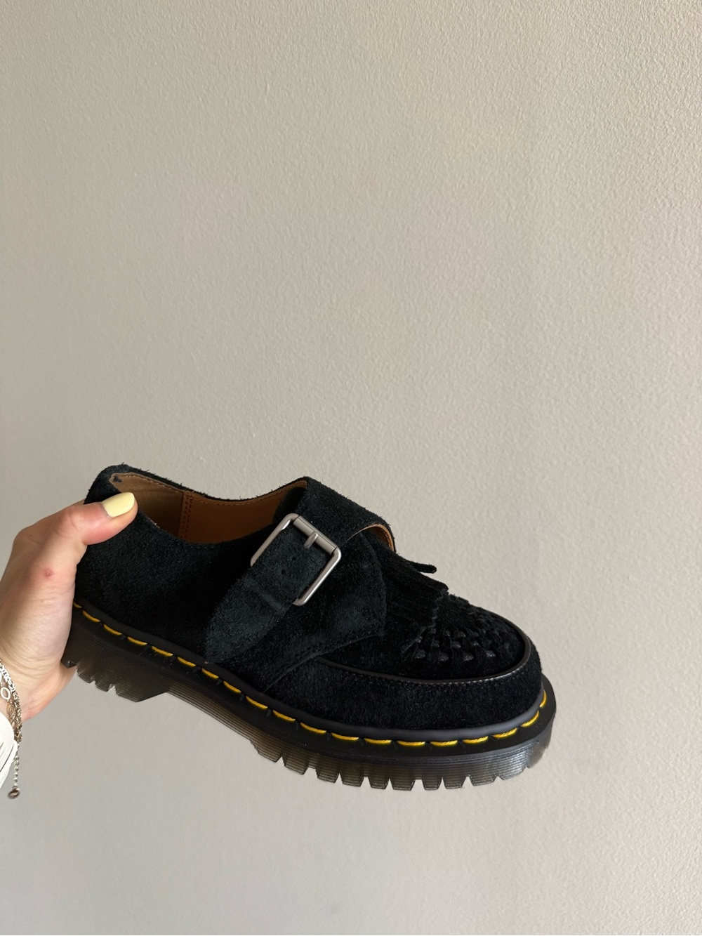 Black Suede Buckle Kiltie Lug Sole Loafer with Yellow Stitching